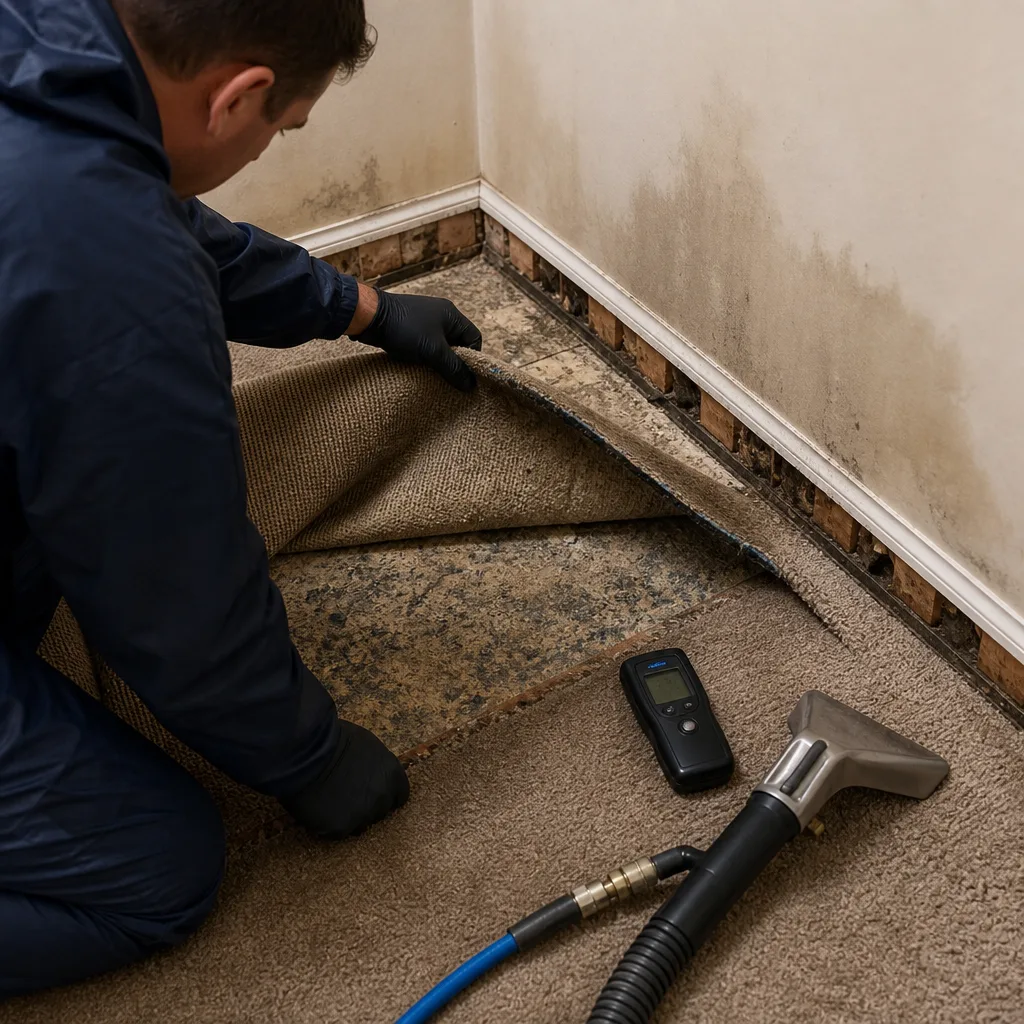 Technician inspecting water damaged carpet and subfloor with moisture meter