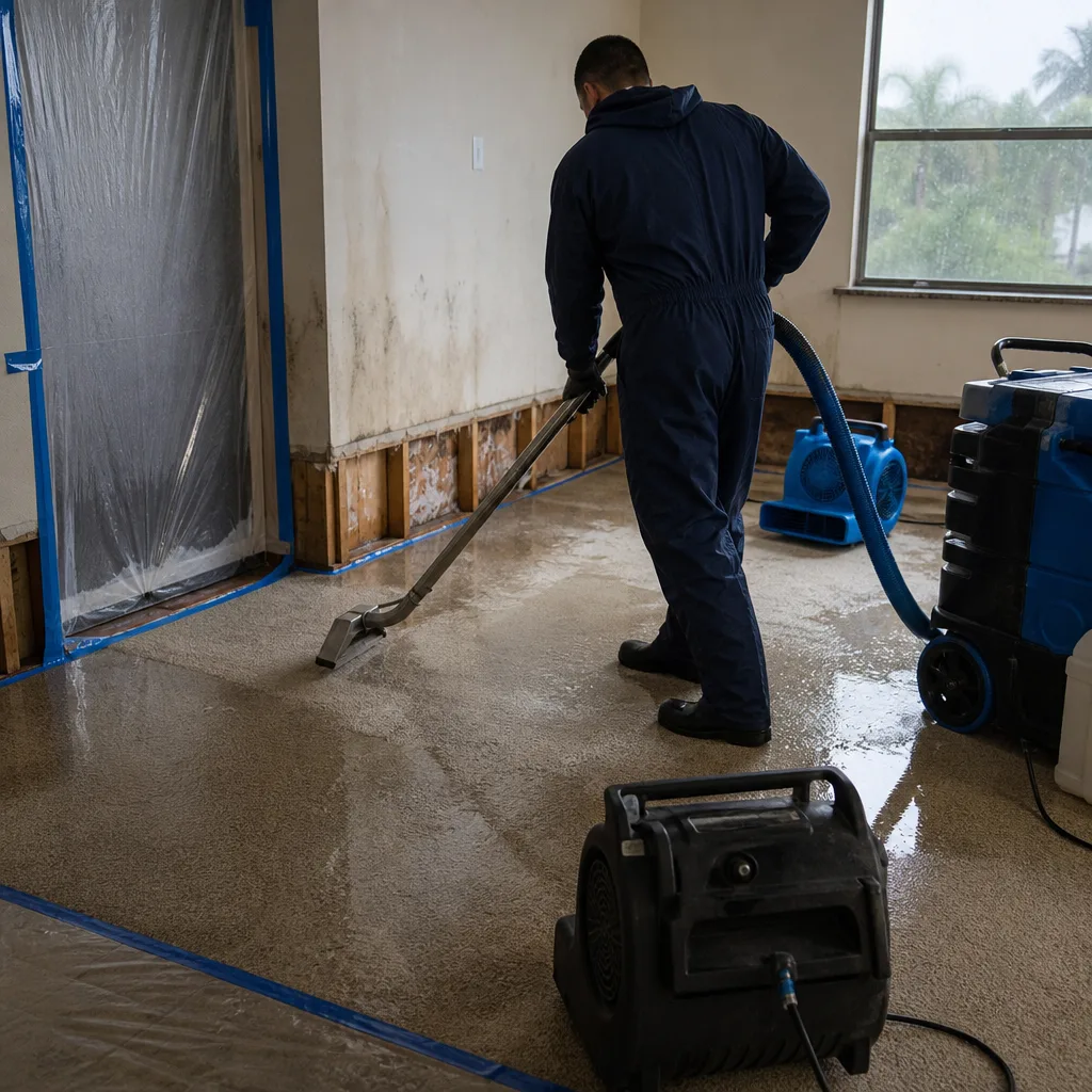 Water damage restoration technician removing standing water from flooded indoor carpet